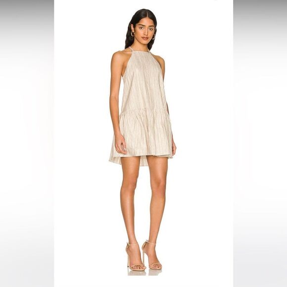 AMANDA UPRICHARD Amy Dress in Valencia Beige White Striped Linen Silver Stripe - Picture 2 of 6